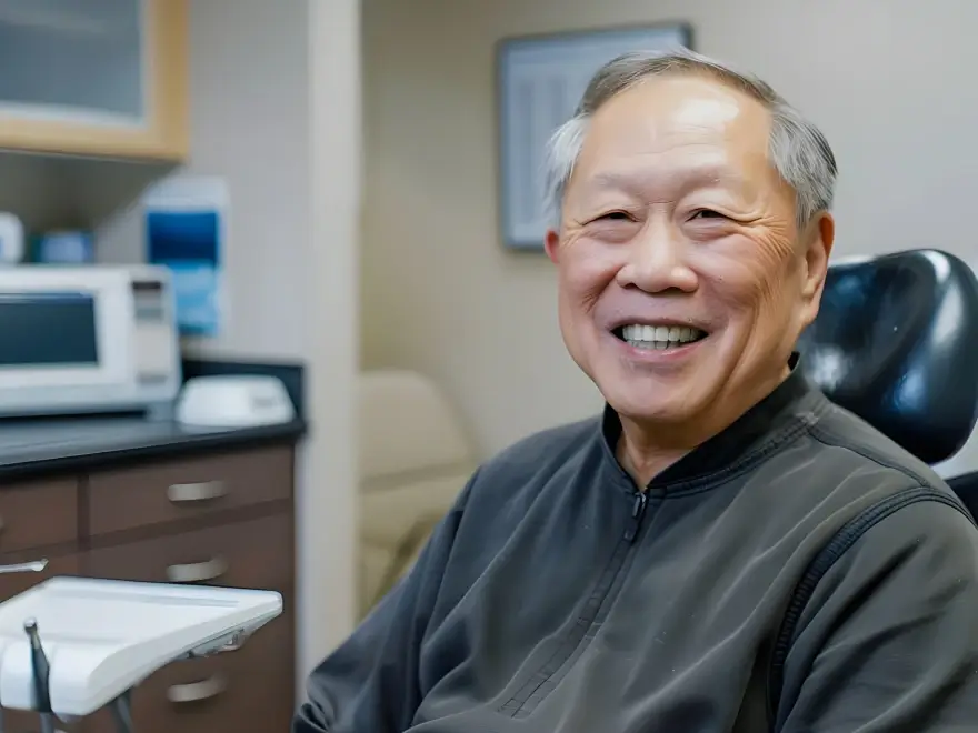 A smiling older man seated in a dental operatory