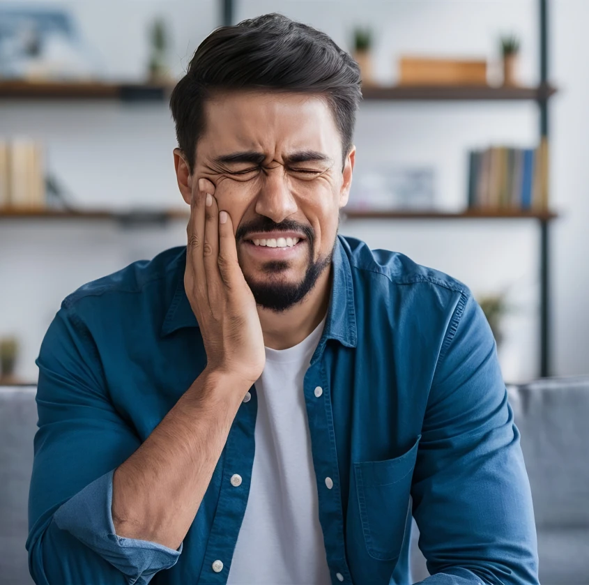 A man holding his cheek in dental pain